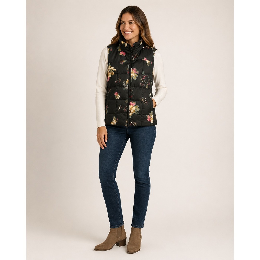 Lands' End Quilted Puffer Vest Womens Small 6-8 Green Floral Print Polyester